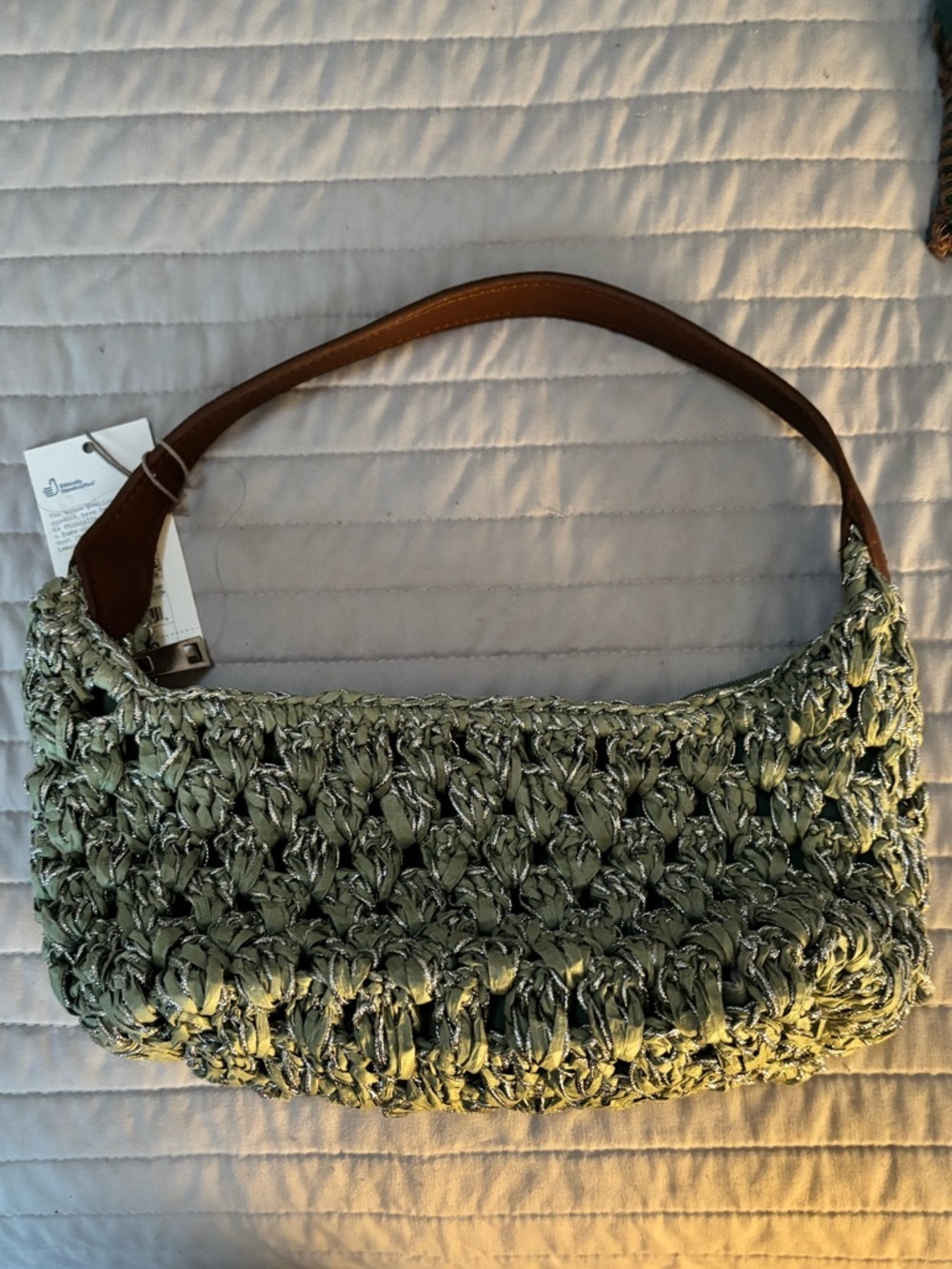 Woven Shoulder Bag in Green with Brown Strap